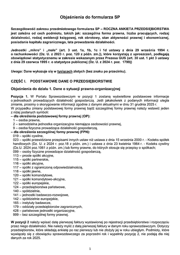 GUS SPo (2025) Objaśnienia do formularza SP za rok 2025