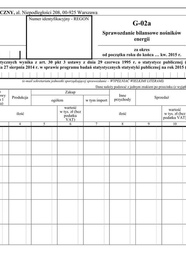 GUS G-02a (archiwalny) (2015) Sprawozdanie bilansowe nośników energii