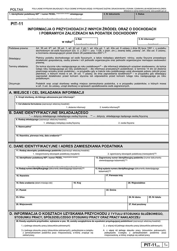 PIT-11 (29) (2026) Informacja o dochodach, pobranych zaliczkach na podatek dochodowy, wypłaconym stypendium oraz przychodach z innych źródeł  (PIT-11 / PIT-11Z) 