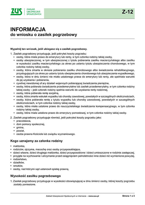 ZUS INF Informacja do wniosku o zasiłek pogrzebowy