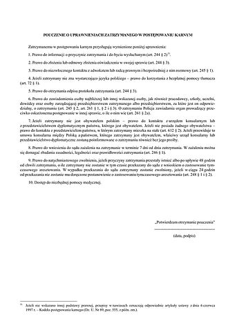 PUZPK Pouczenie o uprawnieniach zatrzymanego w postępowaniu karnym