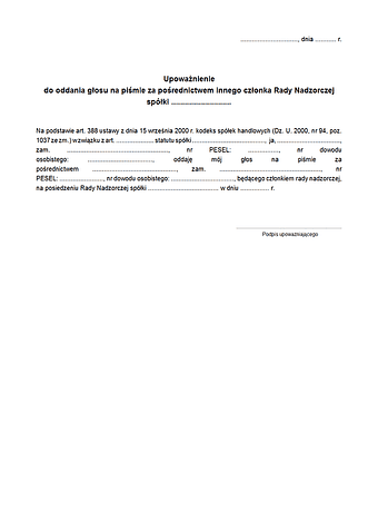 UdGPRN Upoważnienie do głosowania na posiedzeniu Rady Nadzorczej