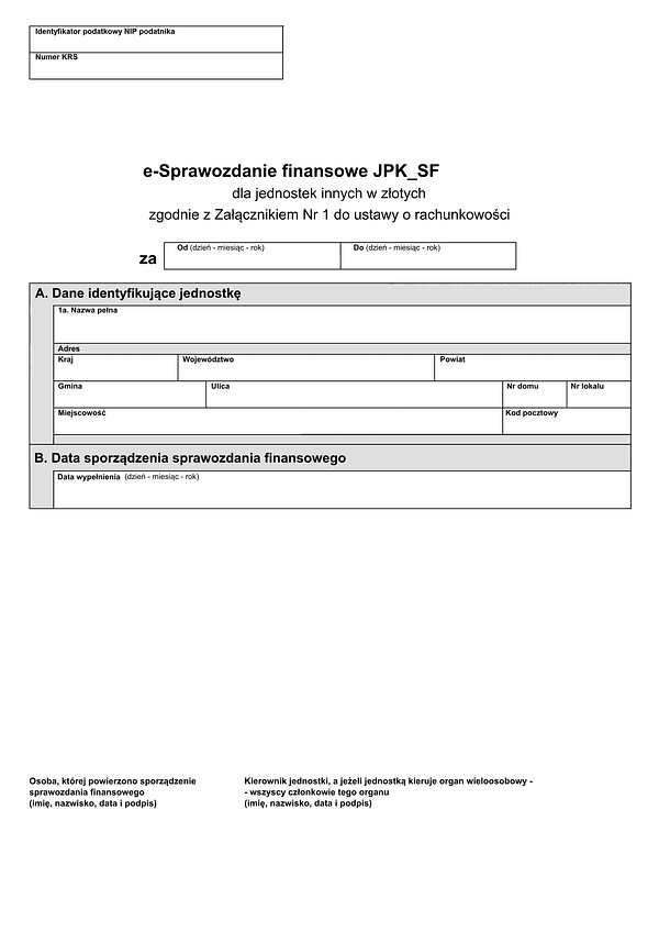e-Sprawozdanie finansowe JPK_SF (v.1-2) (v.1-3) dla jednostek innych w złotych zgodnie z załącznikiem nr 1 do ustawy o rachunkowości - z wysyłką pliku xml JPK_SF