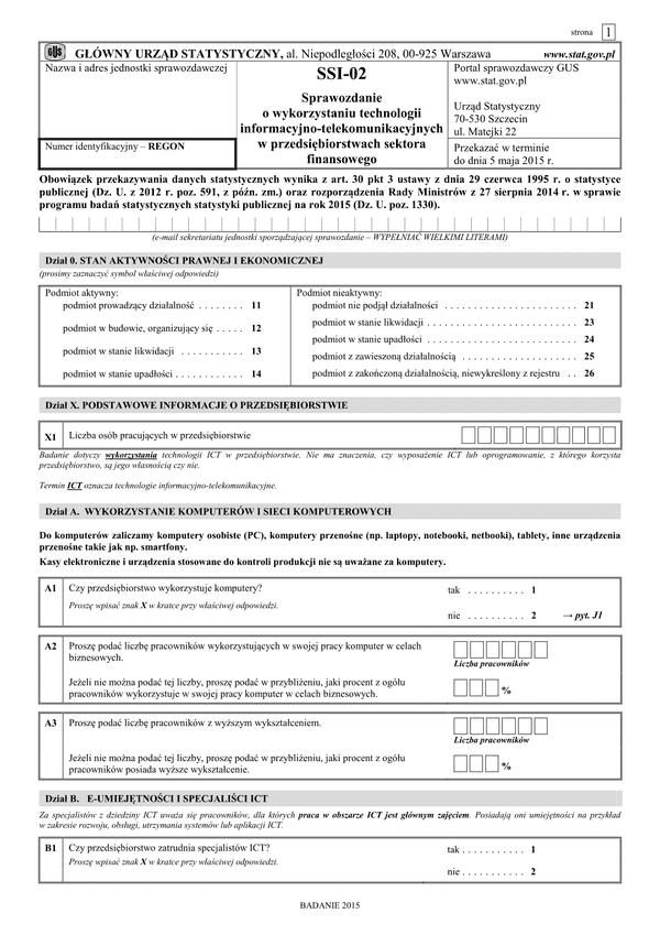 GUS SSI-02 (archiwalny) Sprawozdanie o wykorzystaniu technologii informacyjno-telekomunikacyjnych w przedsiębiorstwach sektora finansowego