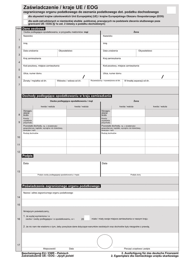 UE/EOG (archiwalny) Zaświadczenie / kraje UE / EOG zagranicznego organu podatkowego do zeznania podatkowego dot. podatku dochodowego  