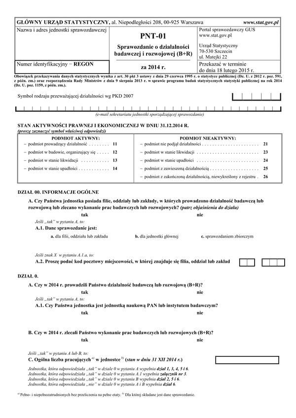 GUS PNT-01 (archiwalny) (2014) Sprawozdanie o działalności badawczej i rozwojowej za 2014 r.