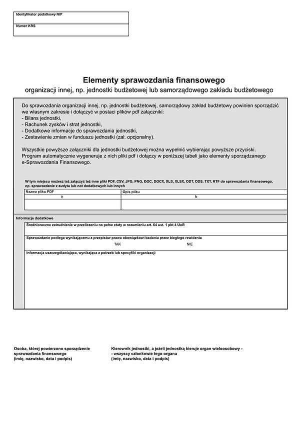 SFJSOI ES (2) Elementy sprawozdania finansowego organizacji innej, m. in. jednostki budżetowej lub samorządowego zakładu budżetowego