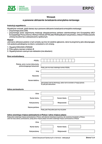 ZUS ERPO Wniosek o ponowne obliczenie świadczenia emerytalno-rentowego - wersja papierowa