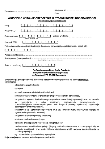 WowSN Wniosek o wydanie orzeczenia o stopniu niepełnosprawności - Bydgoszcz