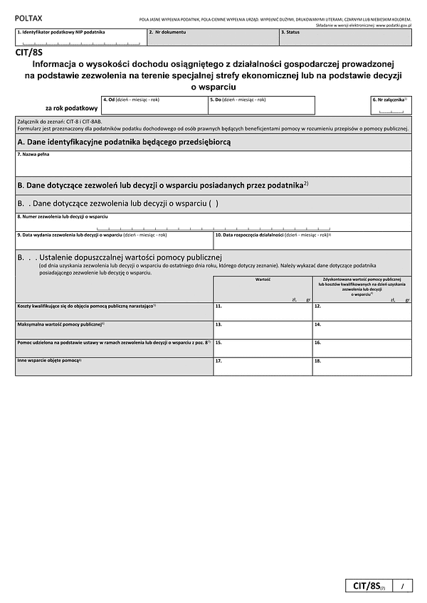 CIT/8S (7) Informacja o wysokości dochodu osiągniętego z działalności gospodarczej prowadzonej na terenie specjalnej strefy ekonomicznej na podstawie zezwolenia