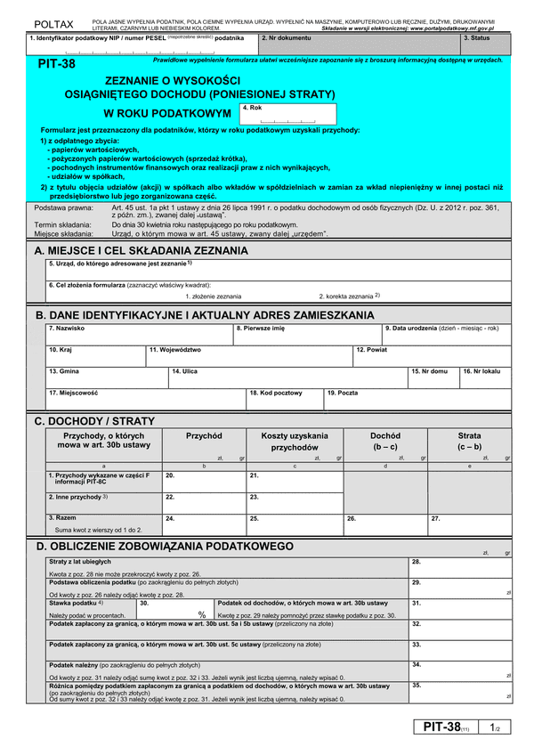 PIT-38 (11) (archiwalny) (2015) Zeznanie o wysokości osiągniętego dochodu (poniesionej straty)