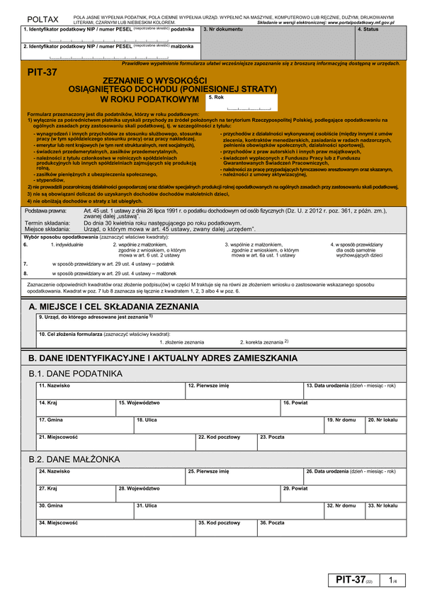 PIT-37 (22) (archiwalny) (2015) Zeznanie o wysokości osiągniętego dochodu (poniesionej straty)