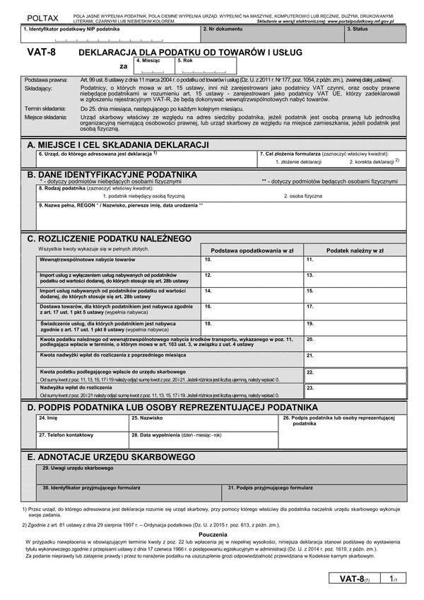 VAT-8 (7) (archiwalny) Deklaracja dla podatku od towarów i usług