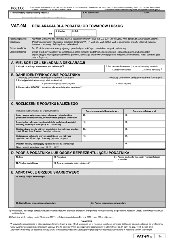 VAT-9M (5) (archiwalny) Deklaracja dla podatku od towarów i usług