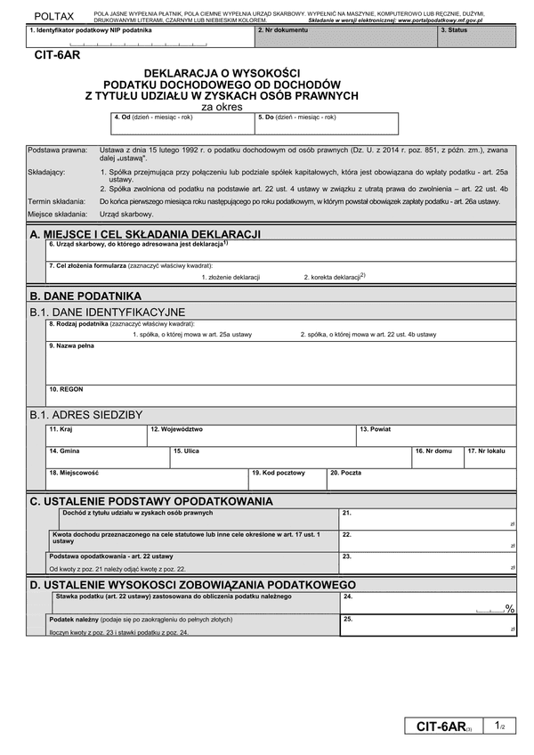 CIT-6AR (3) (archiwalny) Deklaracja o wysokości podatku dochodowego od dochodów z tytułu udziału w zyskach osób prawnych
