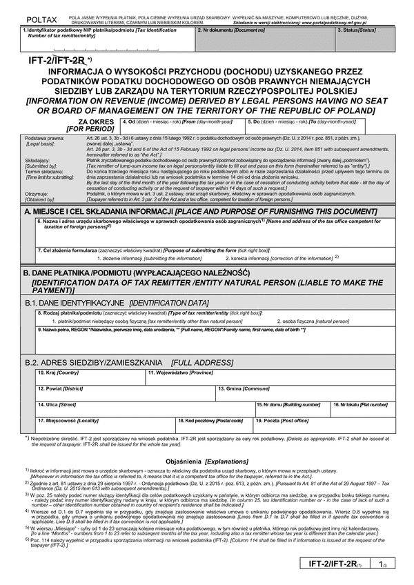 IFT-2 (7) (archiwalny) (2015, 2016, 2017) Informacja o wysokości przychodu (dochodu) uzyskanego przez podatników podatku dochodowego od osób prawnych niemających siedziby lub zarządu na terytorium Rzeczypospolitej Polskiej