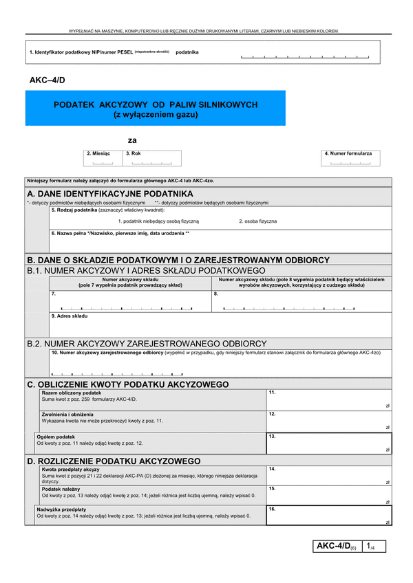 AKC-4/D (6) (archiwalny) Podatek akcyzowy od paliw silnikowych (z wyłączeniem gazu)