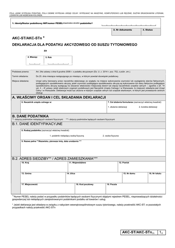 AKC-ST/AKC-STn (3) (archiwalny) Deklaracja dla podatku akcyzowego od suszu tytoniowego