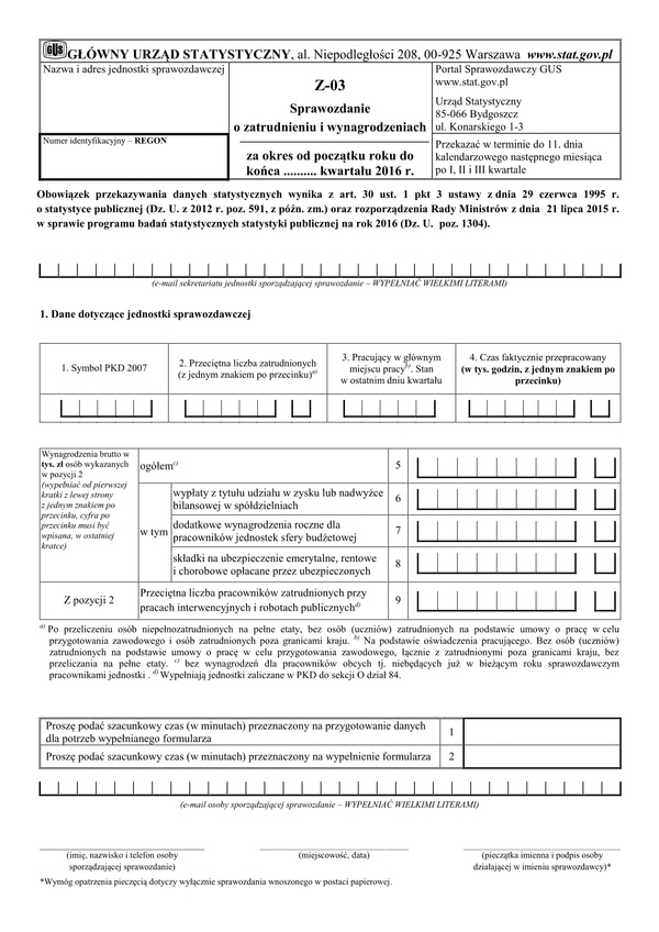 GUS Z-03 (2016) (archiwalny) Sprawozdanie o zatrudnieniu i wynagrodzeniach