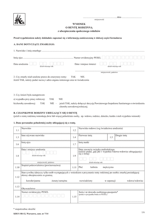 KRUS SR-12 (archiwalny) Wniosek o rentę rodzinną z ubezpieczenia społecznego rolników