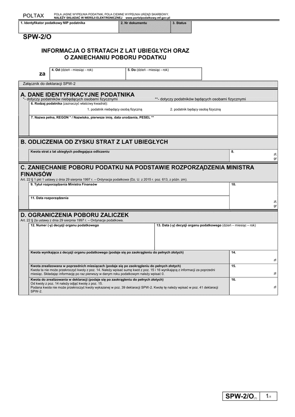 SPW-2/O (1) Informacja o stratach z lat ubiegłych oraz o zaniechaniu poboru podatku