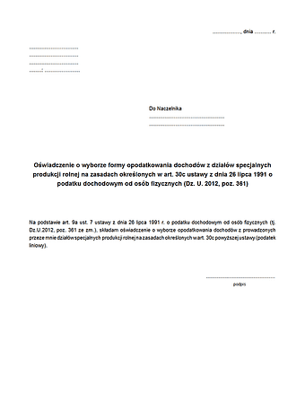 Ośw.-FOP Oświadczenie o wyborze formy opodatkowania dochodów z działów specjalnych produkcji rolnej na zasadach określonych w art. 30c ustawy z dnia 26 lipca 1991 o podatku dochodowym od osób fizycznych (podatek liniowy)