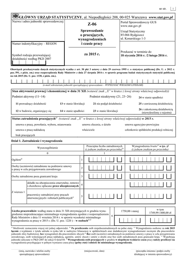 GUS Z-06 (2015) (archiwalny) Sprawozdanie o pracujących, wynagrodzeniach i czasie pracy za 2015 rok