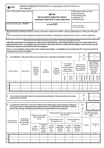 GUS RF-03 (2025) Sprawozdanie jednostek sektora instytucji rządowych i samorządowych - druk dla celów wewnętrznych (z możliwością wpisania kwot w zł gr)