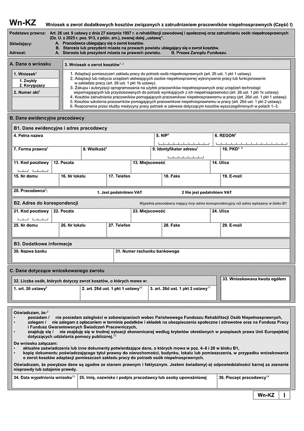 PFRON WN-KZ(I) (od I 2026)  Wniosek o zwrot dodatkowych kosztów związanych z zatrudnianiem pracowników niepełnosprawnych (część I)