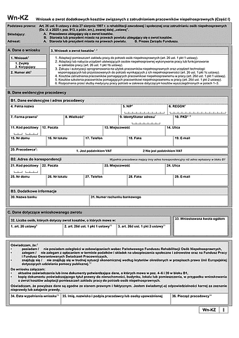 PFRON WN-KZ(I) (od I 2026)  Wniosek o zwrot dodatkowych kosztów związanych z zatrudnianiem pracowników niepełnosprawnych (część I)