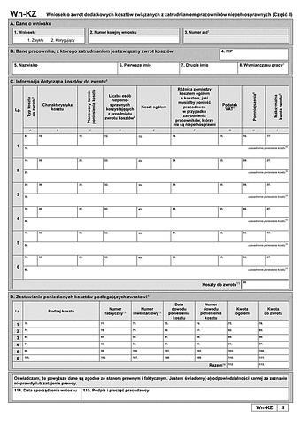 PFRON WN-KZ(II) (od I 2026) Wniosek o zwrot dodatkowych kosztów związanych z zatrudnianiem pracowników niepełnosprawnych (część II)