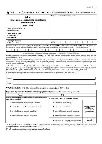 GUS SP-3 (2025) Sprawozdanie o działalności gospodarczej przedsiębiorstw za rok 2024