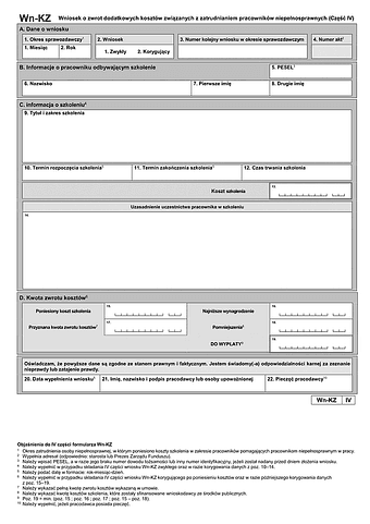 PFRON WN-KZ(IV) (od I 2026) Wniosek o zwrot dodatkowych kosztów związanych z zatrudnianiem pracowników niepełnosprawnych (część IV)