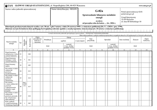 GUS G-02a (2026) Sprawozdanie bilansowe nośników energii