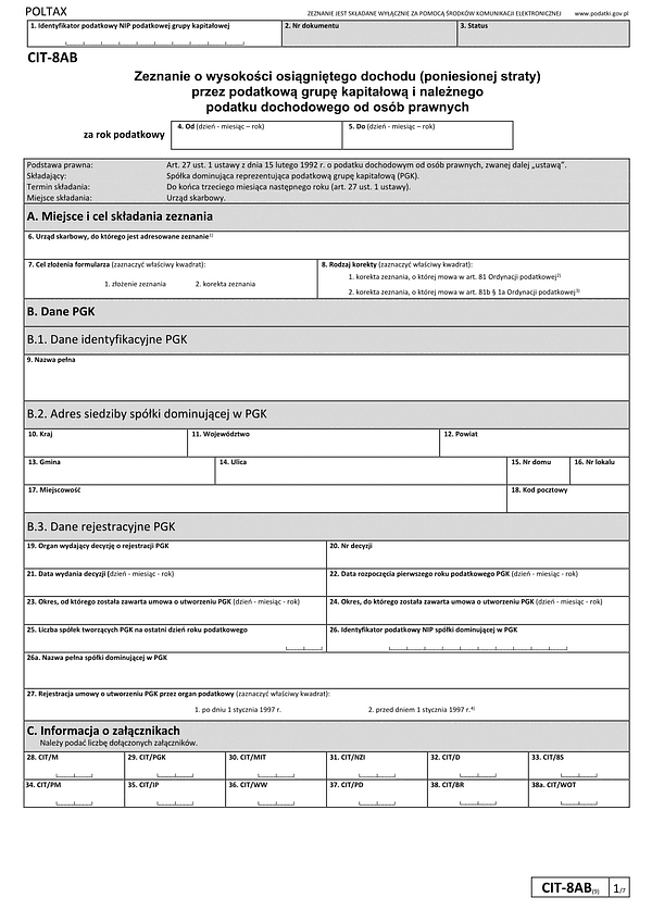 CIT-8AB (9) Zeznanie o wysokości osiągniętego dochodu (poniesionej straty) przez podatkową grupę kapitałową - podatnika podatku dochodowego od osób prawnych