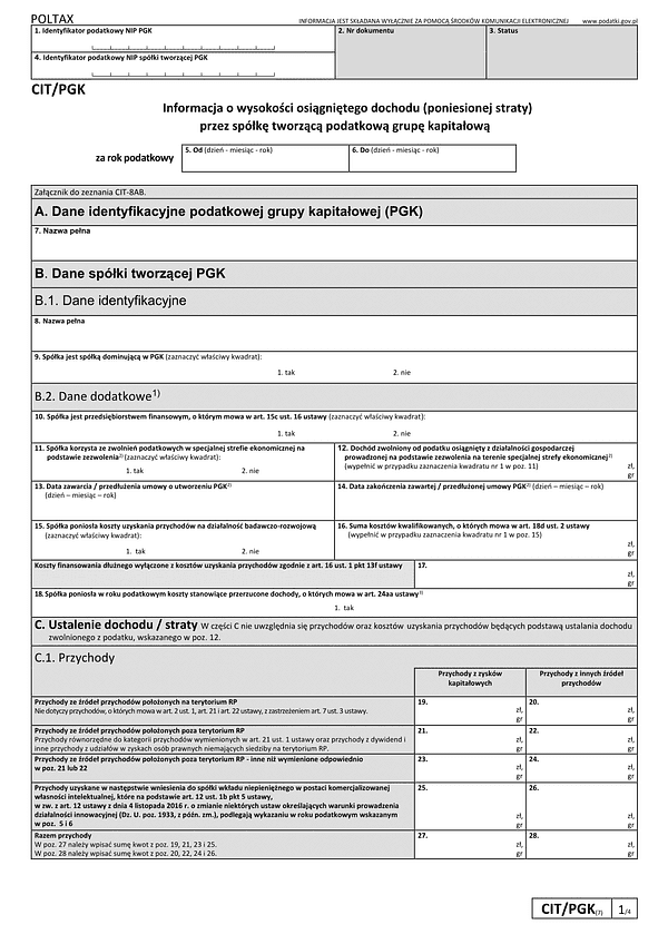 CIT/PGK (7) Informacja o wysokości osiągniętego dochodu (poniesionej straty) przez spółkę tworzącą podatkową grupę kapitałową