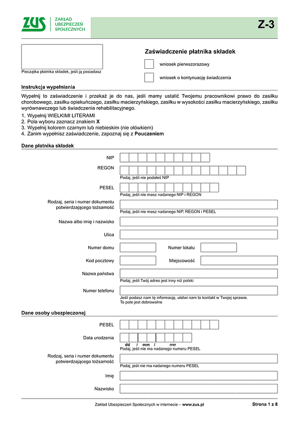 ZUS Z-3 Zaświadczenie płatnika składek - wersja papierowa