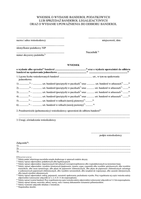 Wniosek o wydanie banderol podatkowych lub sprzedaż banderol legalizacyjnych oraz o wydanie upoważnienia do odbioru banderol
