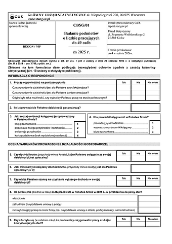 GUS CBSG/01 Badanie podmiotów o liczbie pracujących do 49 osób (2025)