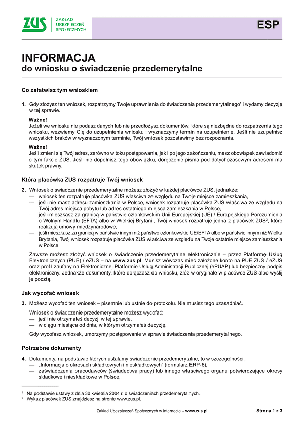 ZUS ESP Inf Informacja do wniosku o świadczenie przedemerytalne