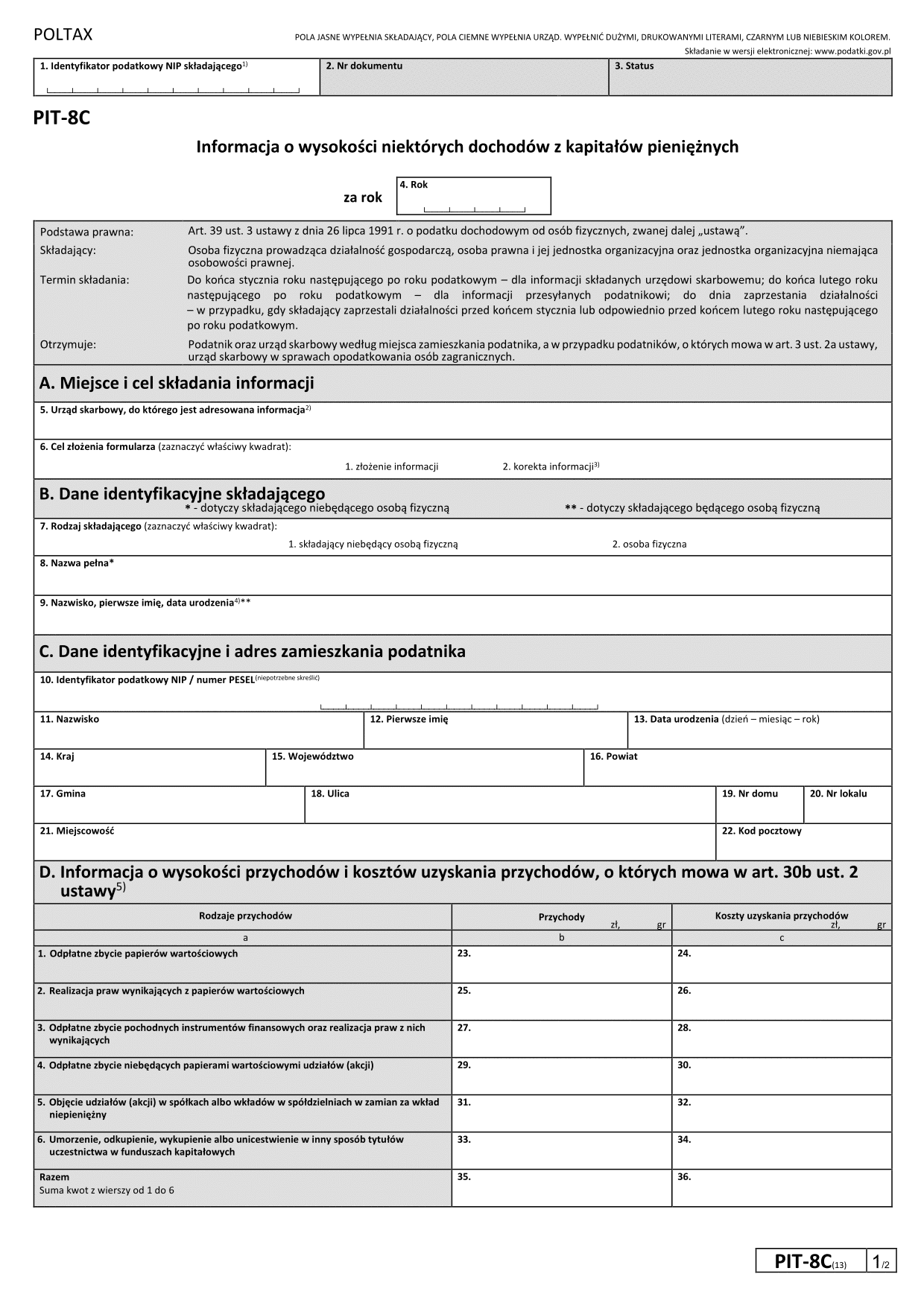 PIT-8C (13) (2026) Informacja o niektórych dochodach z kapitałów pieniężnych (PIT-8C / PIT-8CZ) 