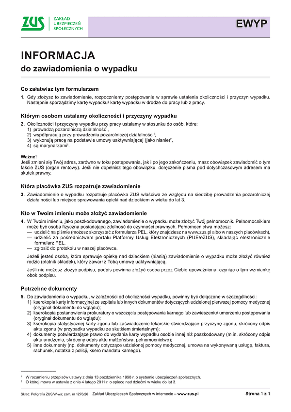 ZUS EWYP-Inf Informacja do zawiadomienia o wypadku