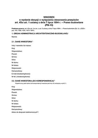 PB-13 Wniosek o wydanie decyzji o wyłączeniu stosowania przepisów art. 45a ust. 1 ustawy z dnia 7 lipca 1994 r. – prawo budowlane
