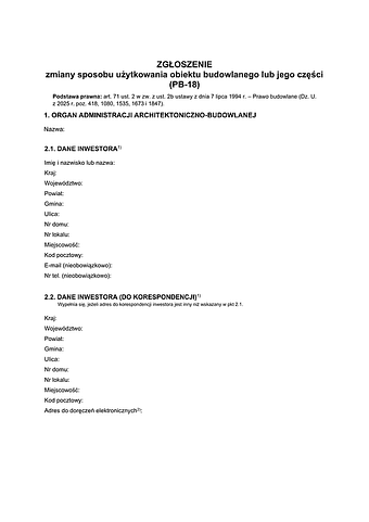 PB-18 Zgłoszenie zmiany sposobu użytkowania obiektu budowlanego lub jego części