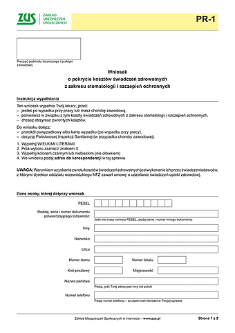ZUS PR-1 Wniosek o pokrycie kosztów świadczeń zdrowotnych