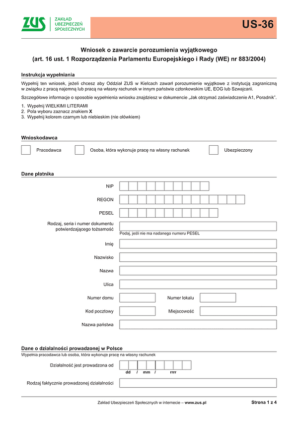 ZUS US-36 Wniosek o zawarcie porozumienia wyjątkowego na podstawie: art. 16.1 Rozporządzenia Parlamentu Europejskiego i Rady (WE) Nr 883/2004 - wersja papierowa