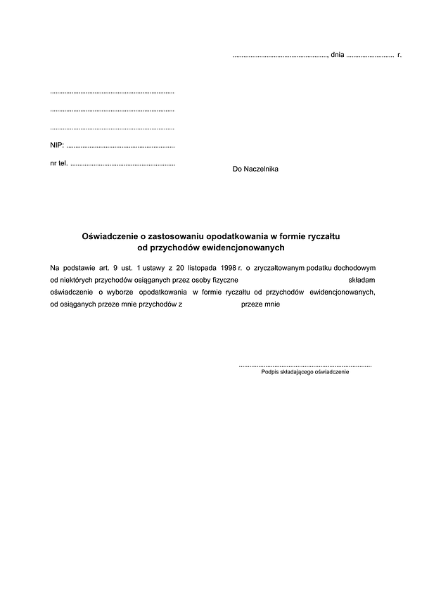 OoZOR Oświadczenie o zastosowaniu opodatkowania w formie ryczałtu od przychodów ewidencjonowanych (dla prowadzących działalność gospodarczą)