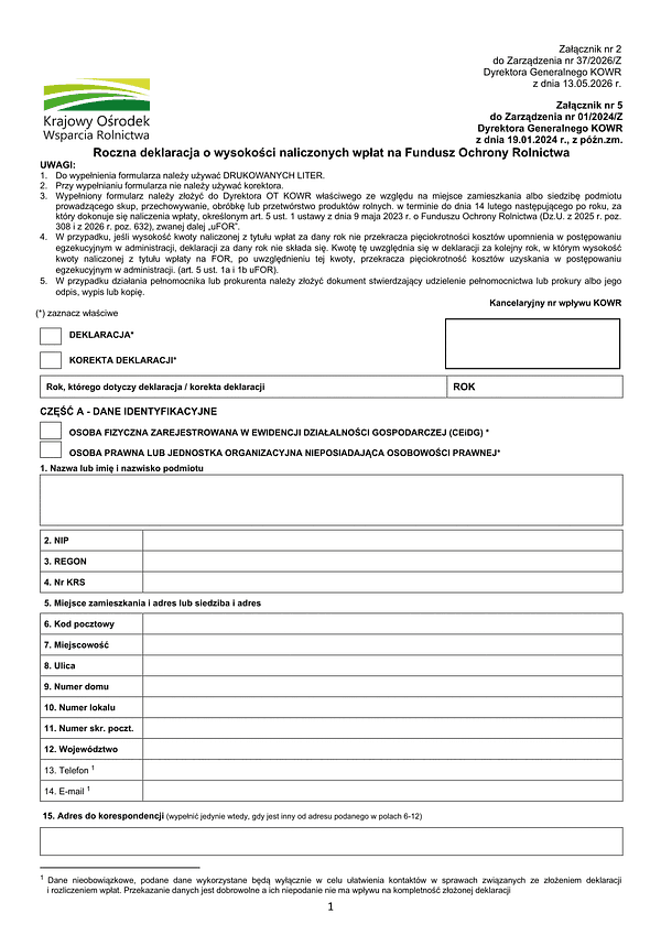DnpFOR Roczna deklaracja o wysokości naliczonych wpłat na Fundusz Ochrony Rolnictwa
