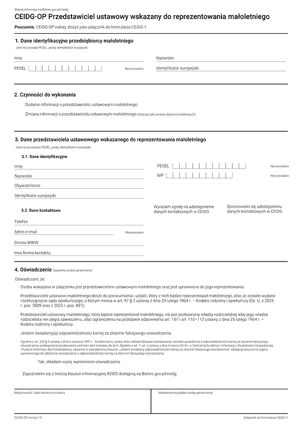 CEIDG-OP (1.0) Przedstawiciel ustawowy wskazany do reprezentowania małoletniego