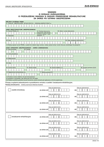 ZUS-EWNUU Wniosek o wydanie zaświadczenia o przedłożeniu wniosku o zasiłek/świadczenie rehabilitacyjne za okres po ustaniu ubezpieczenia
